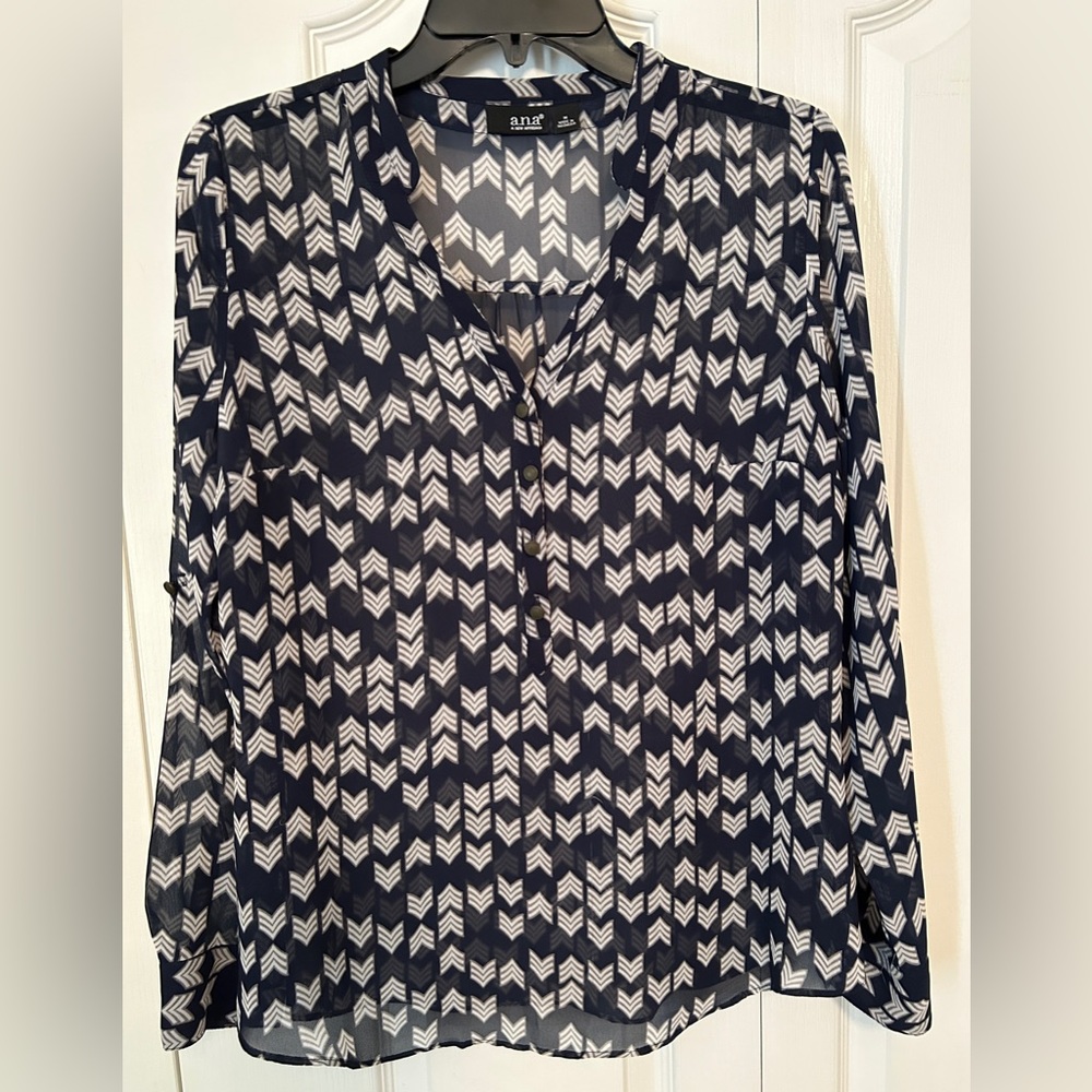 ANA: Sheer blue pattern, button front blouse, size M